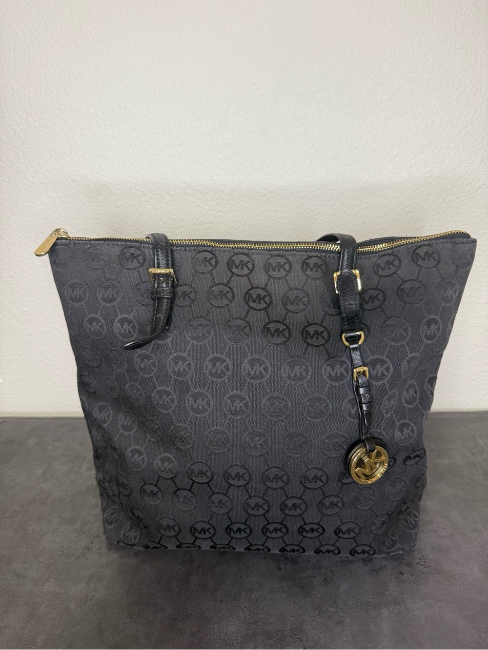 Michael Kors Black Circle MK Monogram Jacquard Tote with Gold Accents